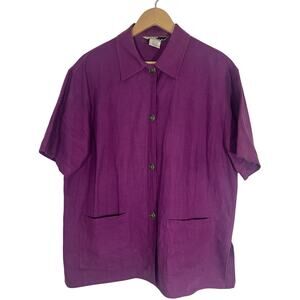 Vintage Studio JPR Womens Linen Short Sleeve Button Down Shirt Purple Size L